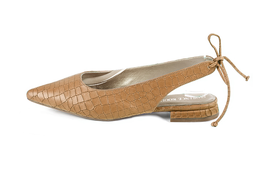 Women's camel beige elegant slingback heels. Pointed toe. Flat flare heels - Profile view